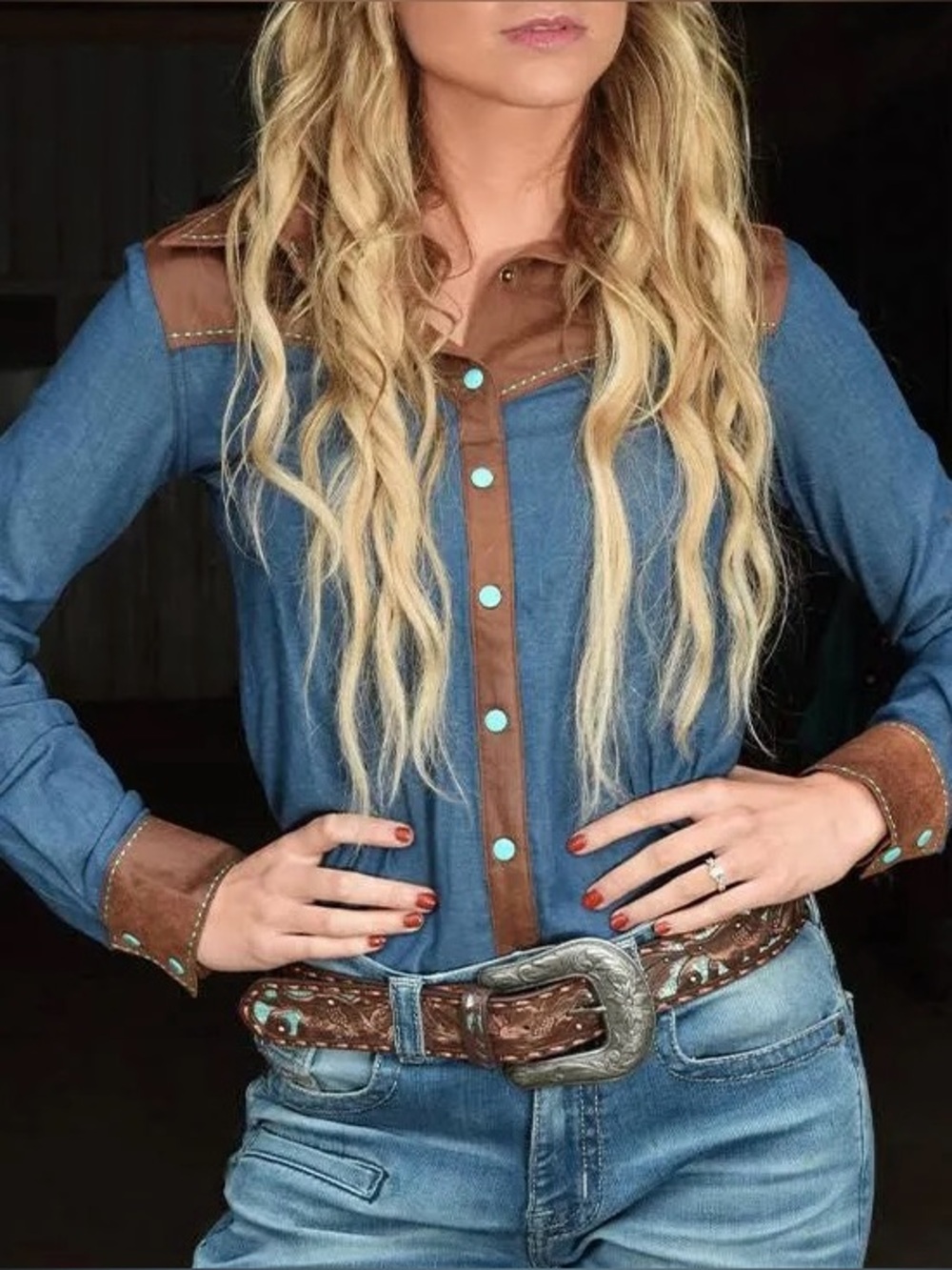 Women’s MediumPullover Button Up by Cowgirl Tuff ~ Brown Faux Leather & Denim